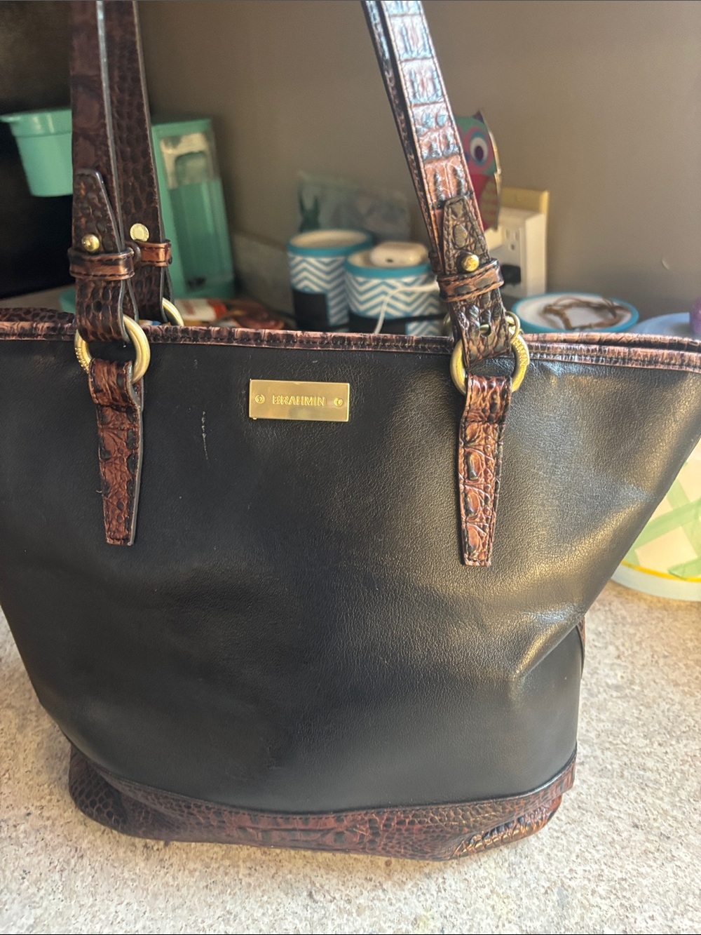 Brahmin Black Leather Shoulder Tote with Gold Plaque